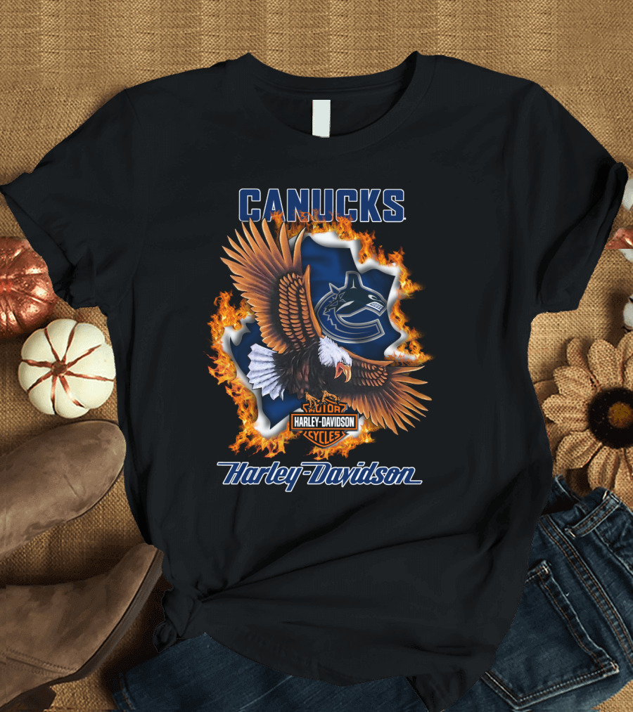 Canucks Harley Davidson Nhl Vancouver Cycles Eagle Flame T-Shirt