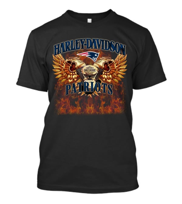 Harley Davidson New England Patriots Logo Flames Wings T-Shirt