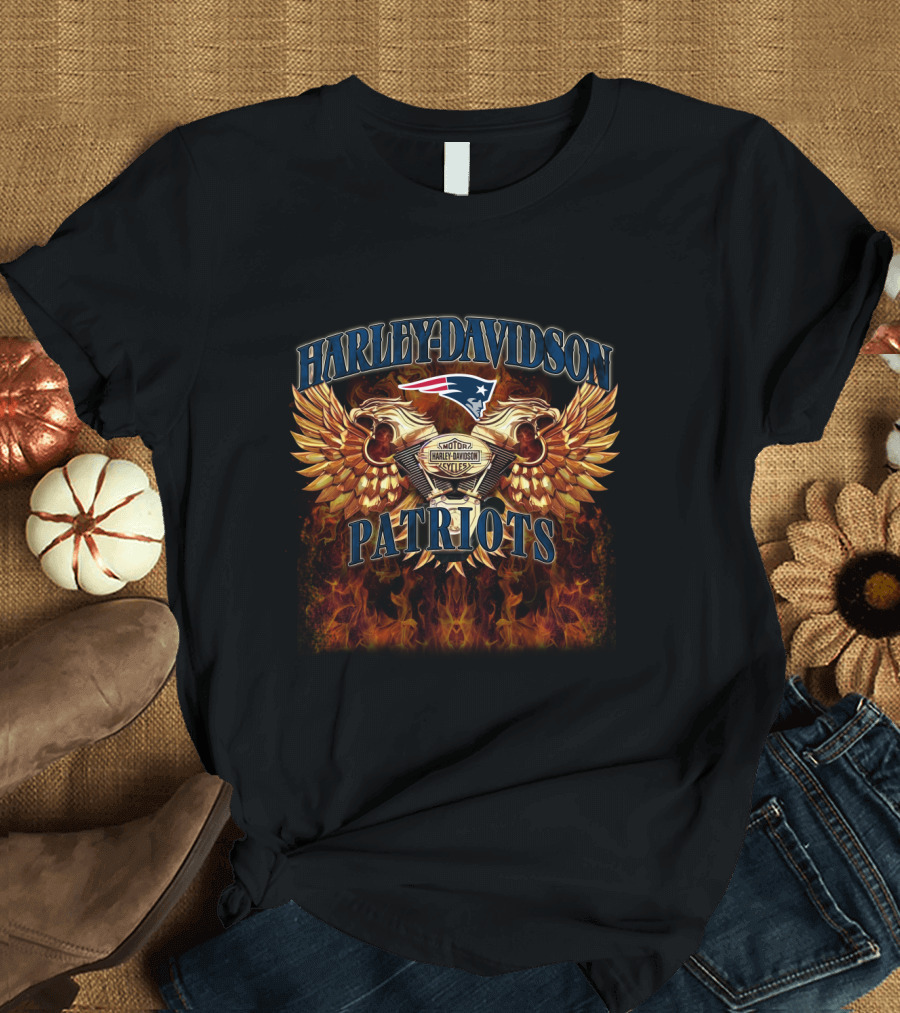 Harley Davidson New England Patriots Logo Flames Wings T-Shirt