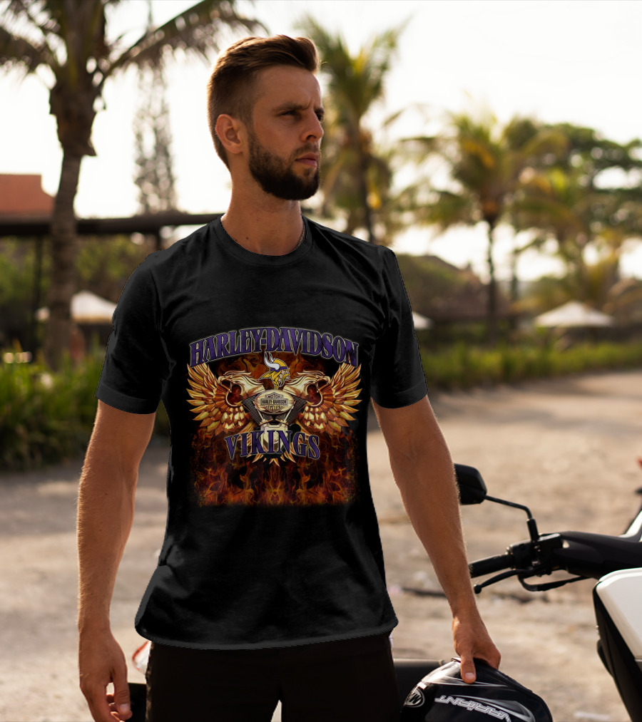 Harley Davidson Minnesota Vikings Motorcycles Wings Flames T-Shirt