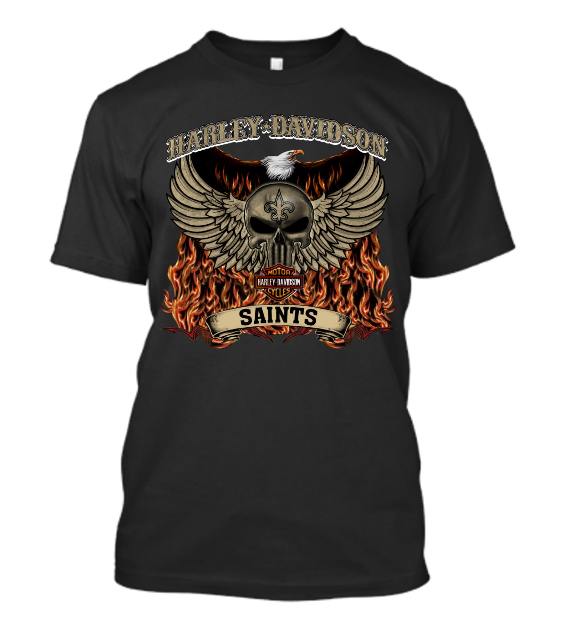Harley Davidson Motor Cycles Saints New Orleans Flames And Skull T-Shirt
