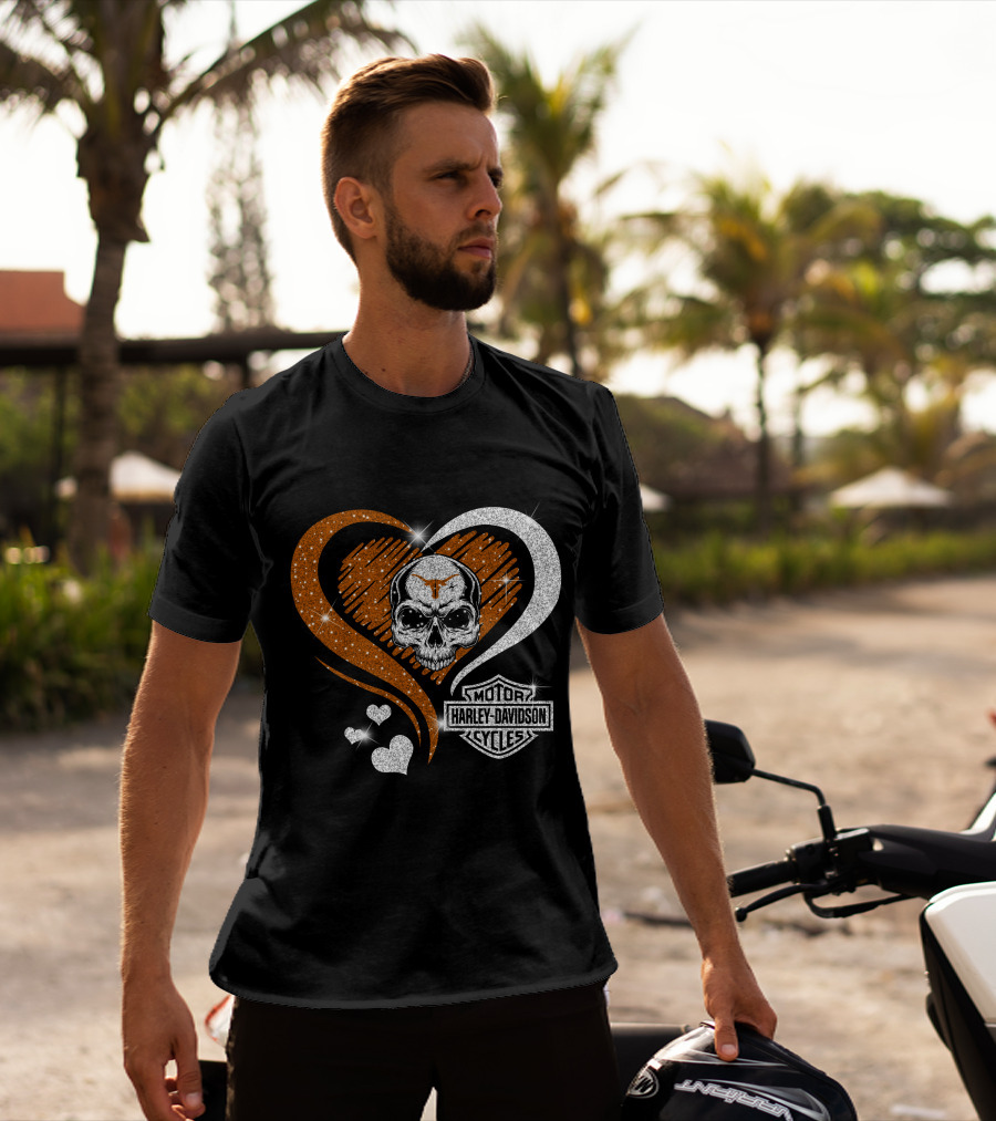 Ncaa Texas Longhorns Harley Davidson Skull Heart T-Shirt