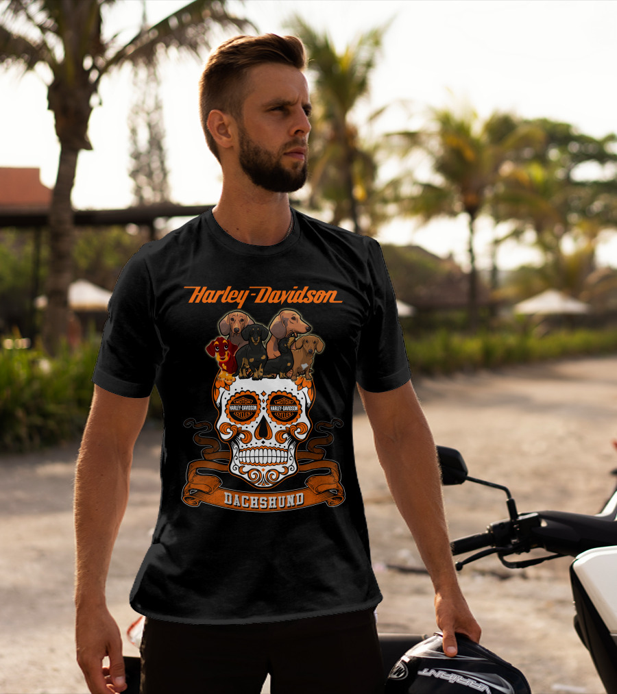 Harley Davidson Dachshund Skull With Motorcycles And Dachshunds T-Shirt