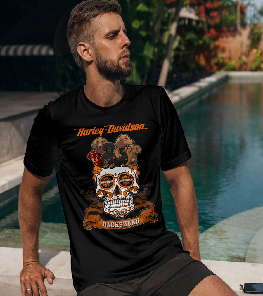 Harley Davidson Dachshund Skull With Motorcycles And Dachshunds T-Shirt