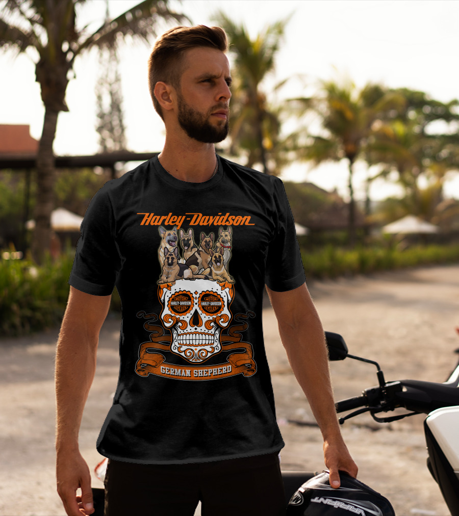 Harley Davidson German Shepherd Skull Motif T-Shirt