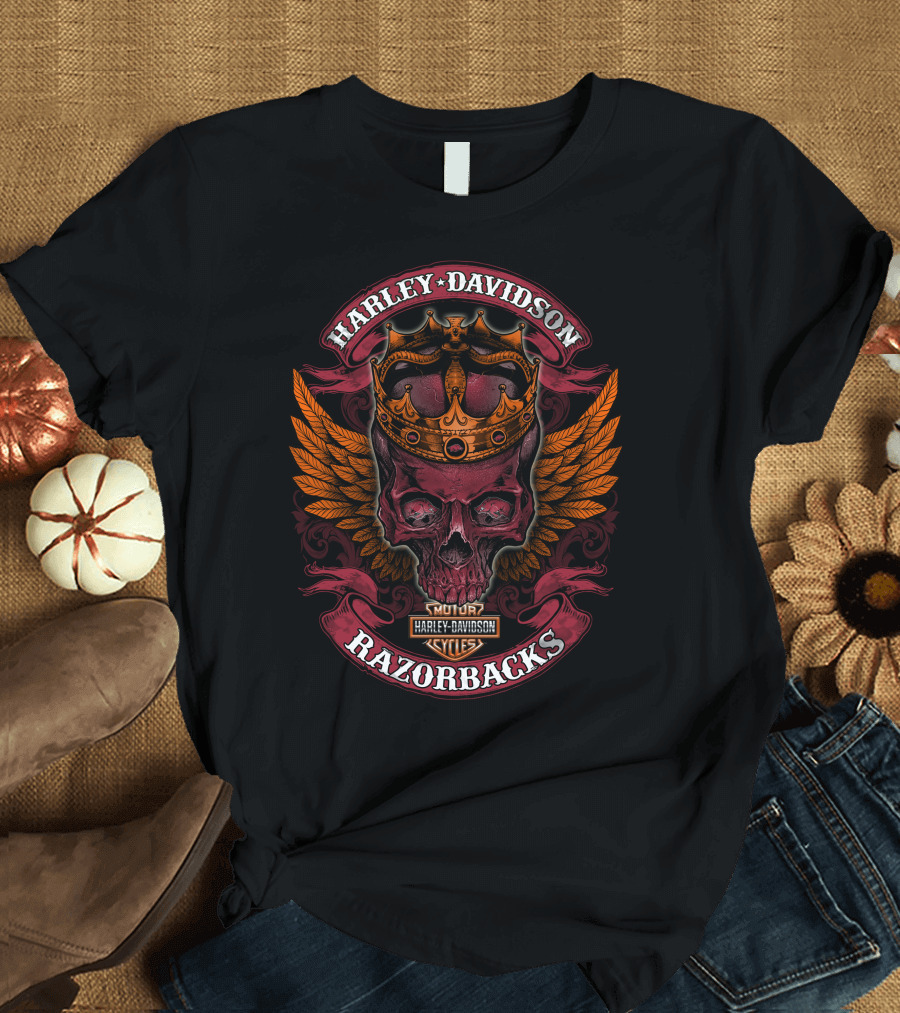 Harley Davidson Razorbacks Skull With Crown And Wings T-Shirt