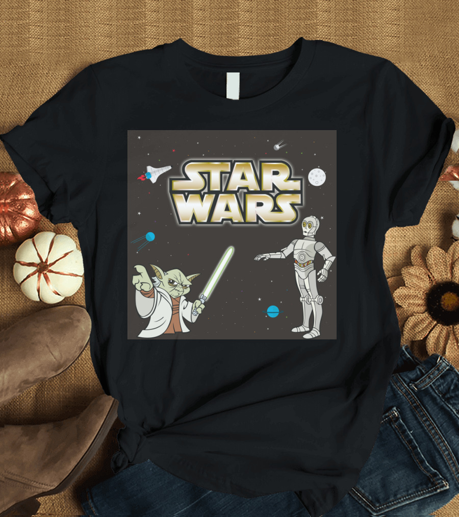 Star Wars Yoda and C-3PO Space Adventure Scene T-Shirt