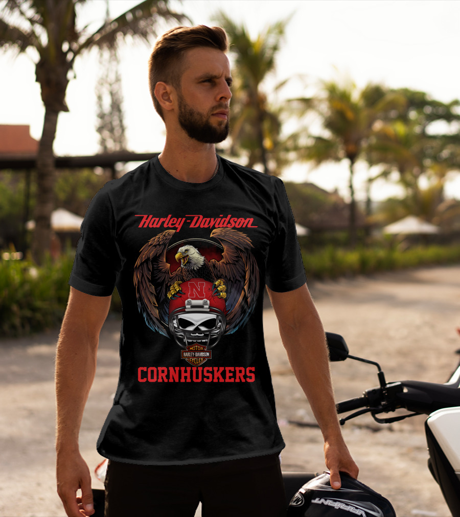 Harley Davidson Cornhuskers Motor Cycles Bald Eagle Helmet T-Shirt