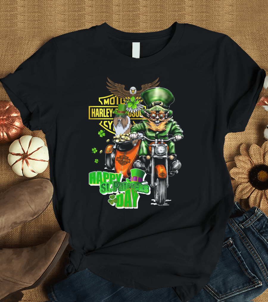 Happy St. Patrick's Day Harley Davidson Motorcycle Leprechaun Eagle T-Shirt