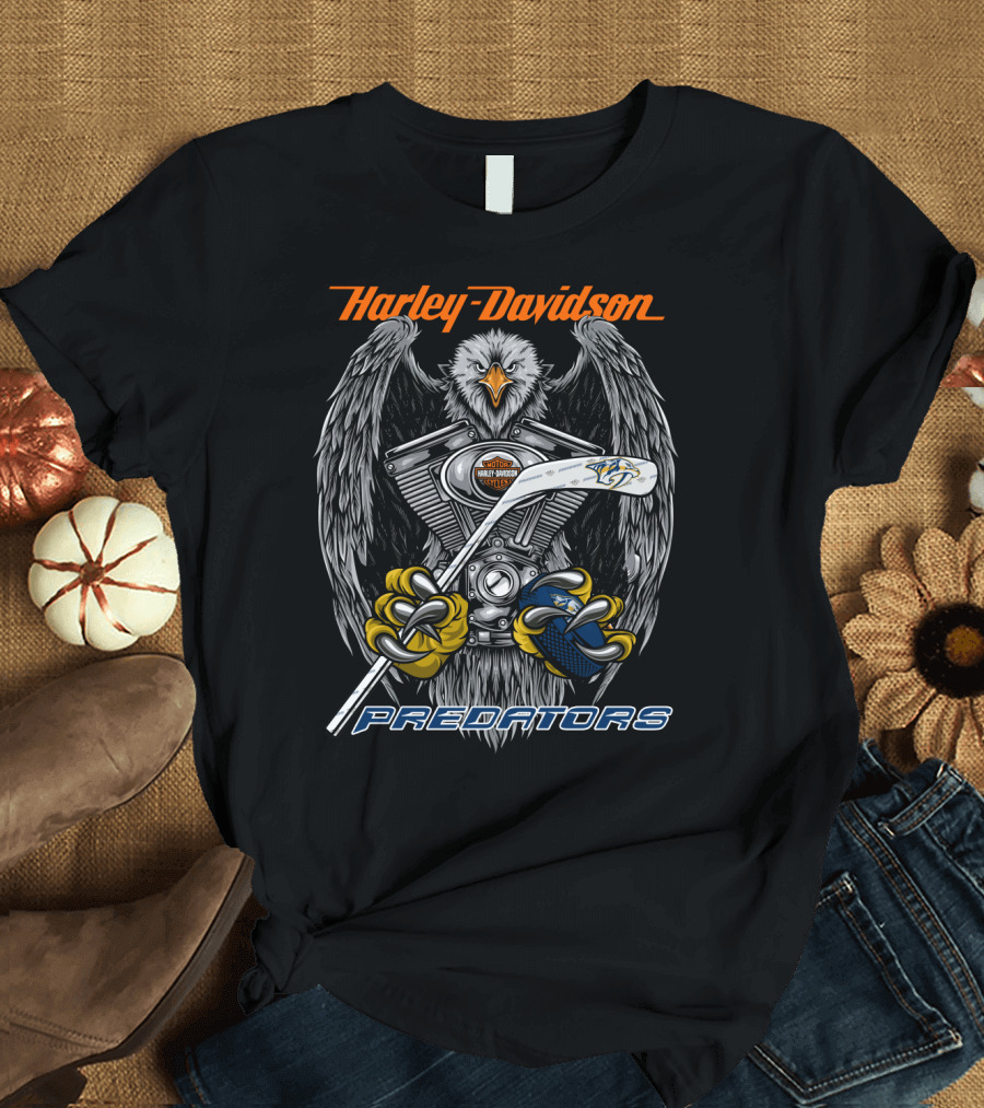 Harley Davidson Predators Nhl Eagles And Hockey Motif T-Shirt