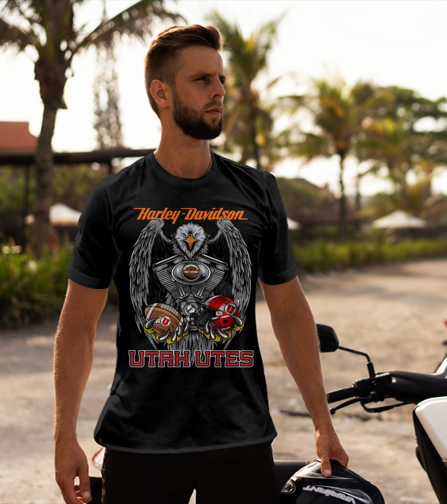 Harley Davidson Utah Utes Eagle Football And Helmet T-Shirt
