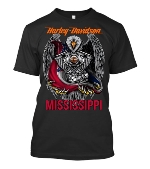 Harley Davidson Mississippi Eagle With Engine And Flag Symbol T-Shirt