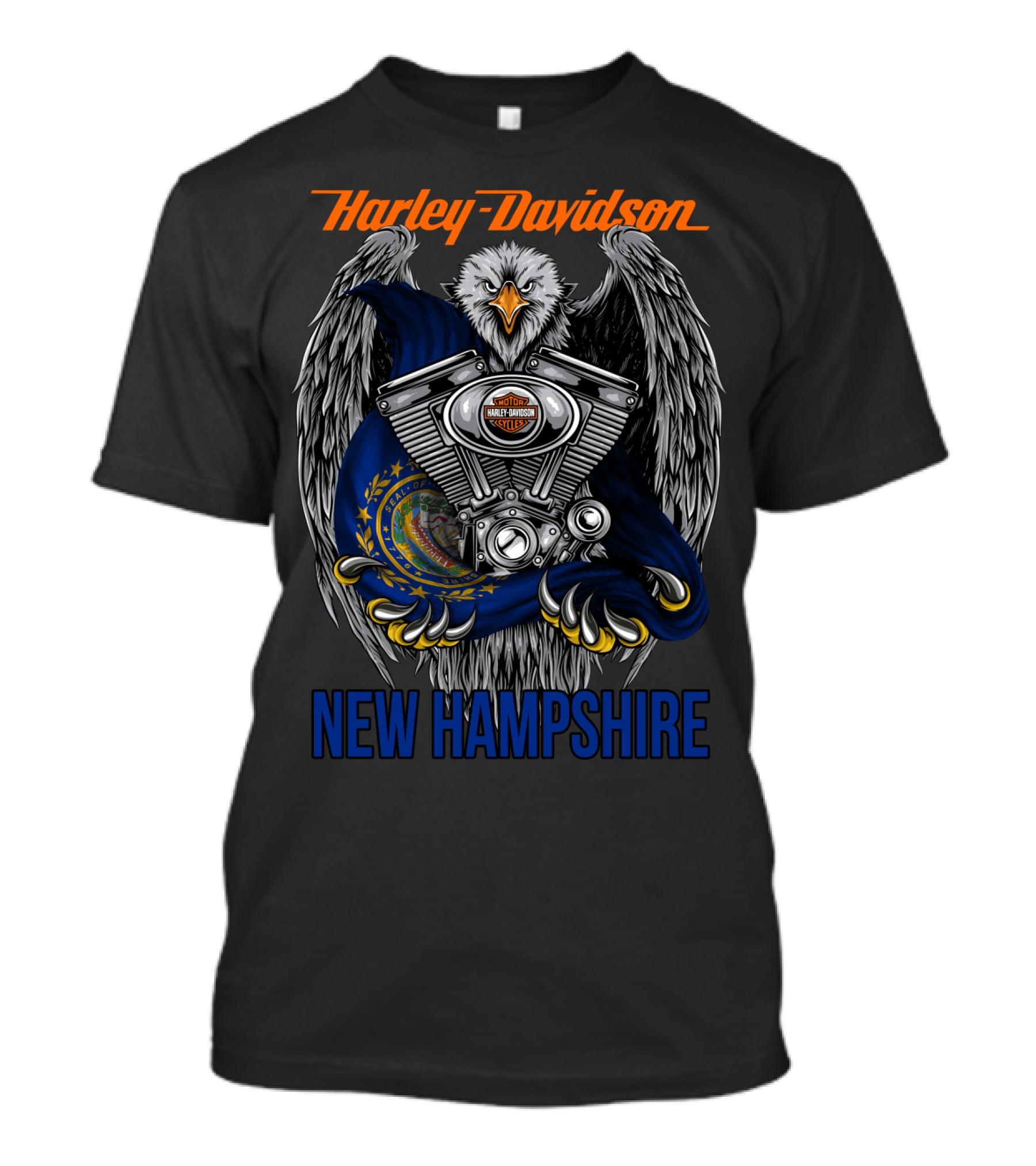 Harley Davidson New Hampshire Eagle And Bike Engine T-Shirt