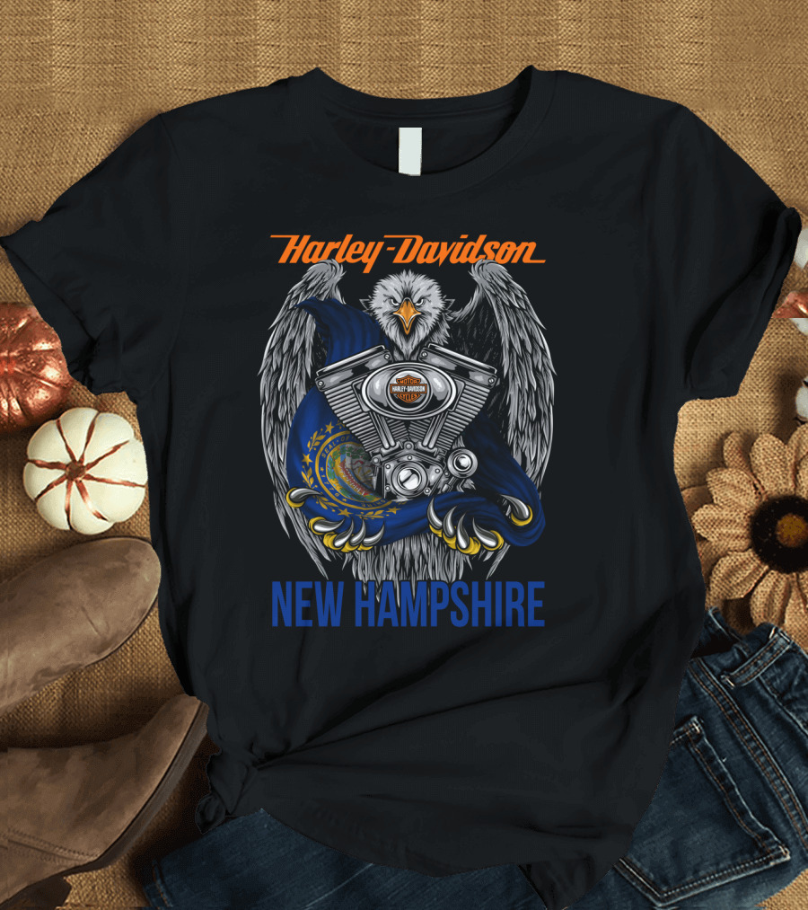 Harley Davidson New Hampshire Eagle And Bike Engine T-Shirt