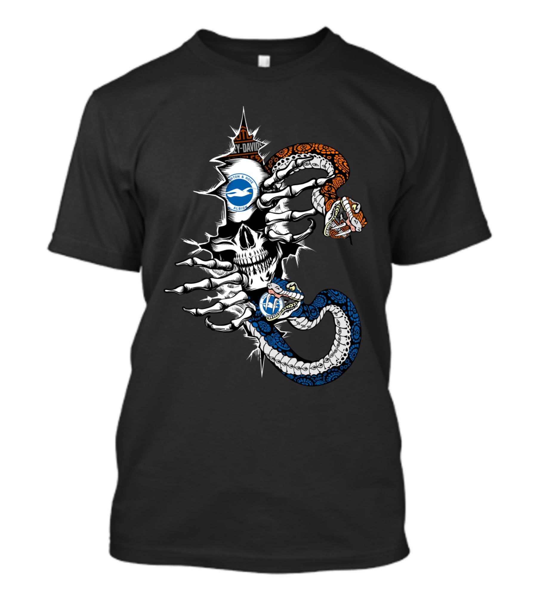 Skull With Snakes Brighton & Hove Albion Fc And Harley Davidson Elements T-Shirt