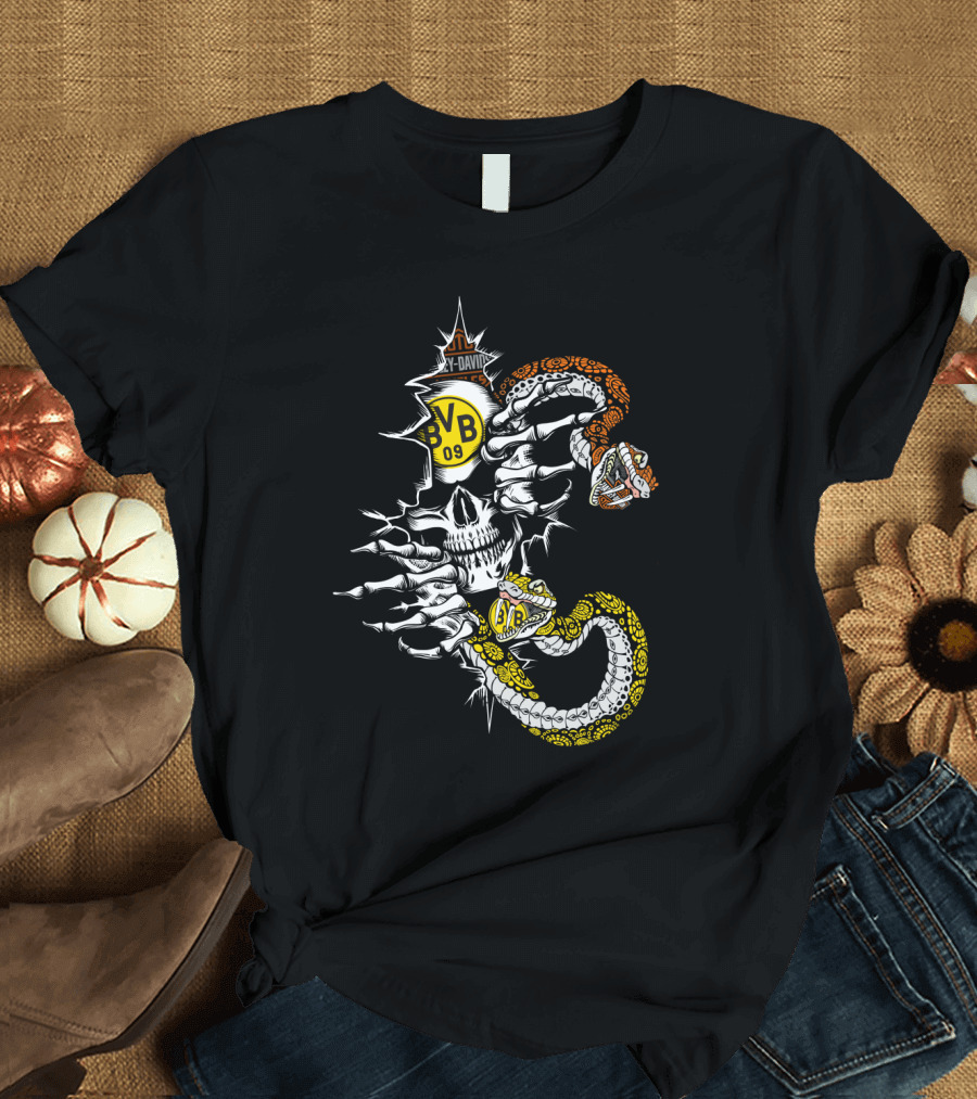 Bvb 09 Skull With Snake And Harley Davidson T-Shirt