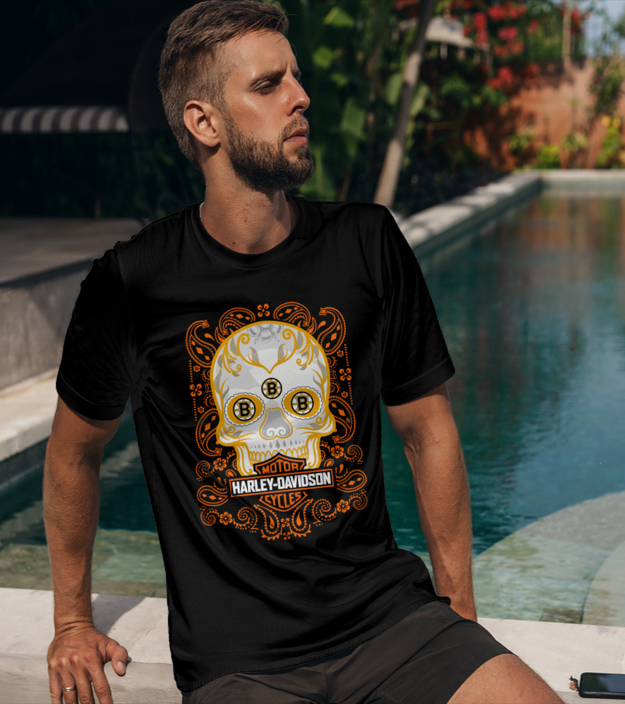 Harley Davidson Motor Cycles Boston Bruins Nhl Sugar Skull T-Shirt