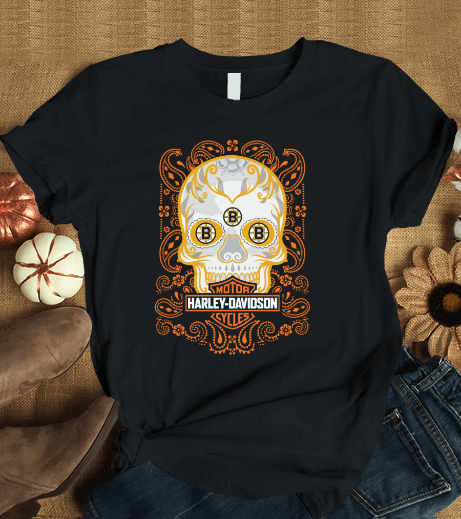 Harley Davidson Motor Cycles Boston Bruins Nhl Sugar Skull T-Shirt