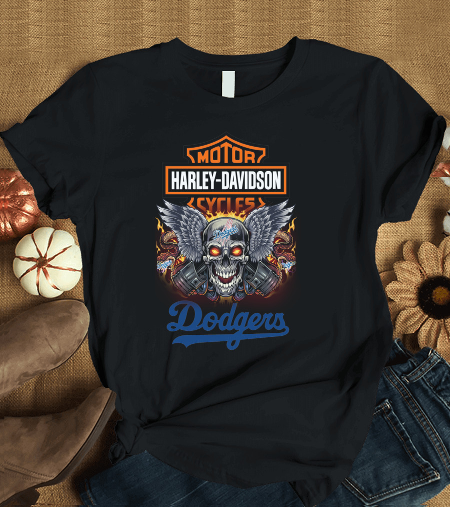 Motor Harley Davidson Cycles Dodgers Skull Wings Flames T-Shirt