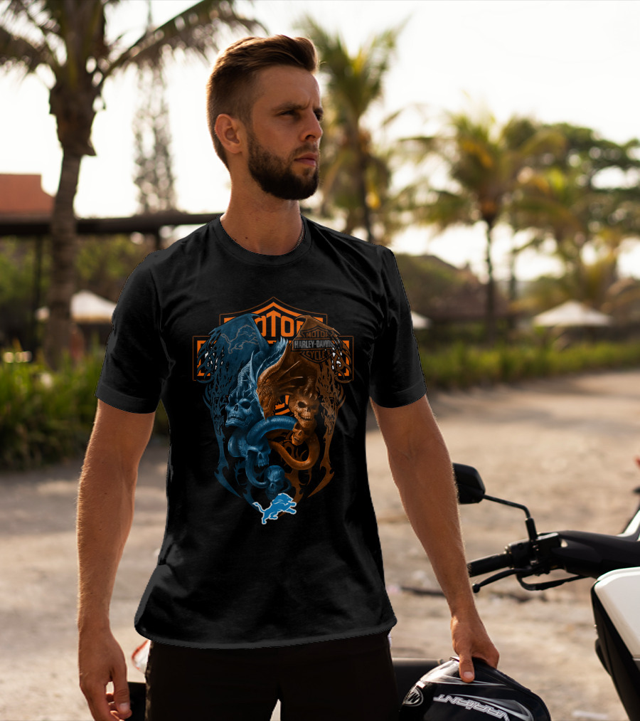Harley Davidson Motorcycles Detroit Lions Dual Dragon Skulls T-Shirt