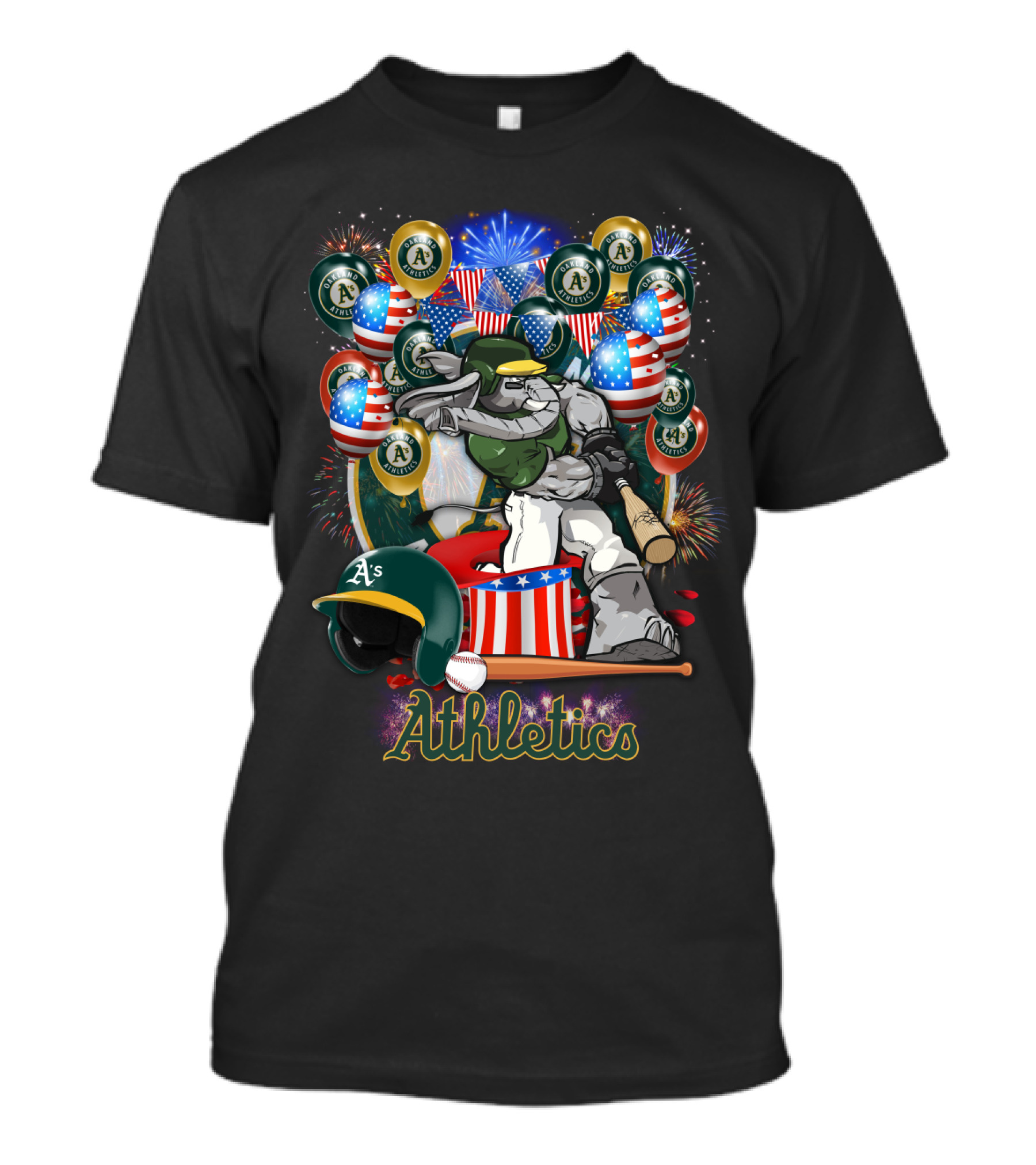 Mlb Oakland Athletics Fireworks Celebration With American Flags And Baseball Elements T-Shirt