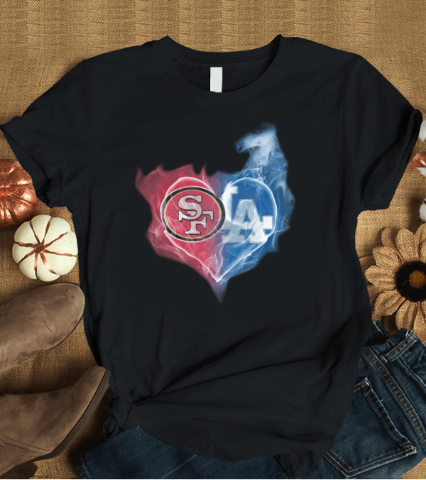 T-Shirt: 49ers SF and LA Dodgers Heart Fusion T-Shirt 49ers SF and LA Dodgers Heart Fusion T-Shirt