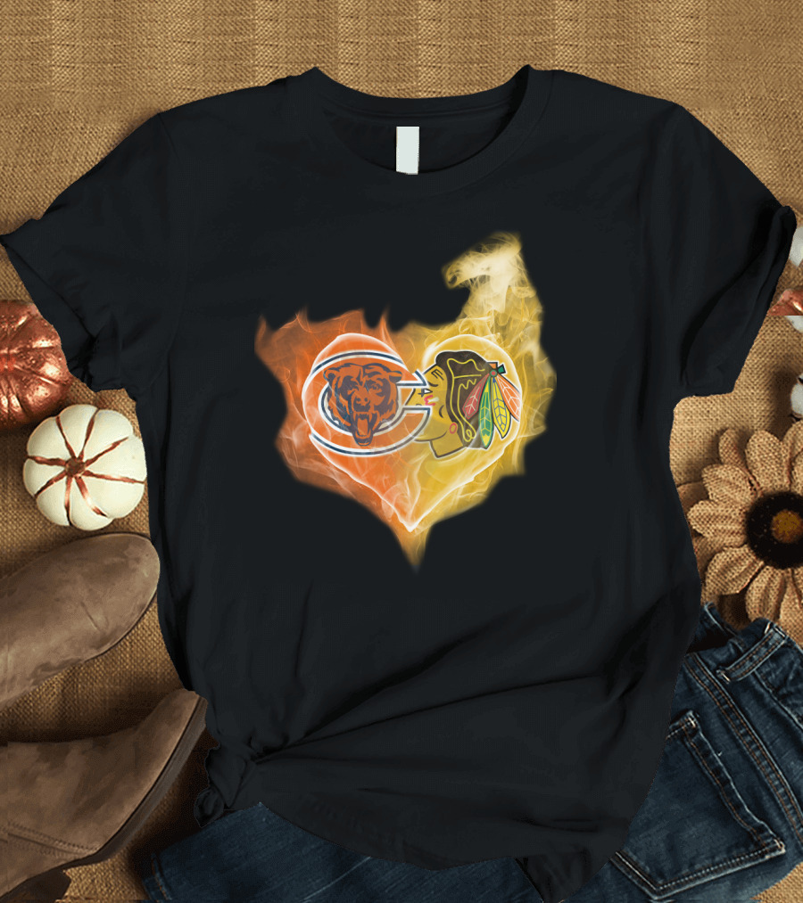 Bears Chicago Blackhawks Fire Heart T-Shirt