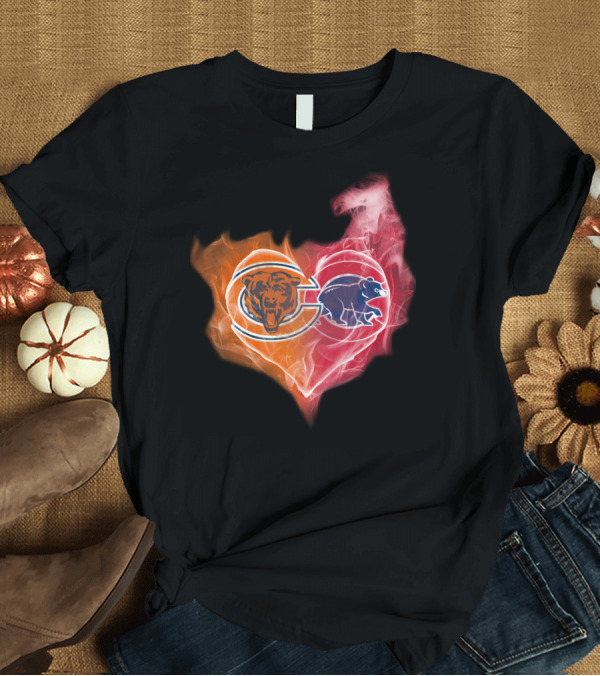 T-Shirt: Chicago Bears Cubs Heart Fire Logo Fusion T-Shirt Chicago Bears Cubs Heart Fire Logo Fusion T-Shirt