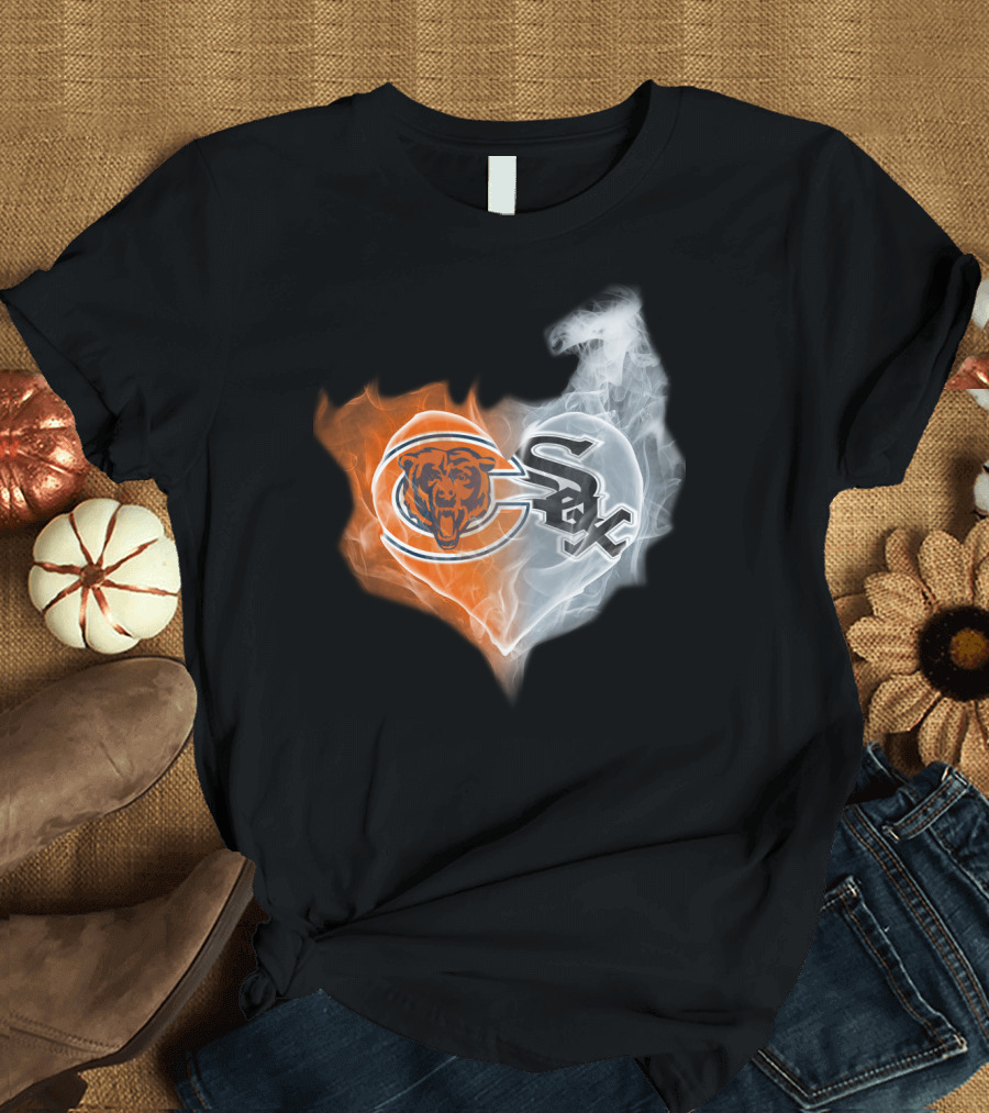 Bears White Sox Heart Logo Fire and Smoke Fusion T-Shirt