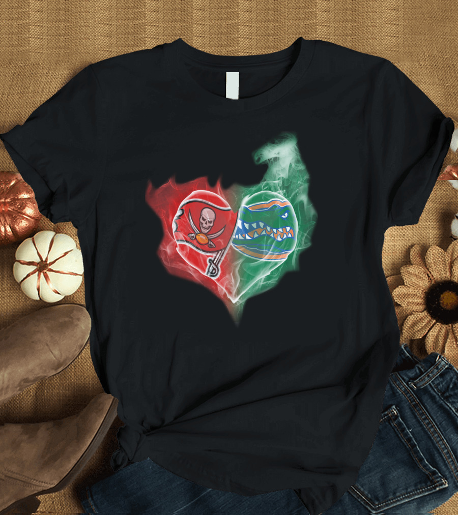 Buccaneers and Florida Gators Heart Smoke Logo Combination T-Shirt