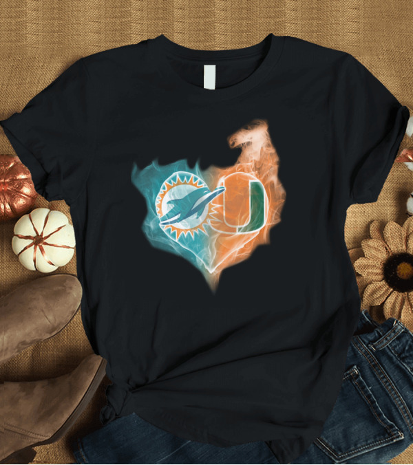 T-Shirt: Miami Dolphins Hurricanes Heart Logo Fusion T-Shirt Miami Dolphins Hurricanes Heart Logo Fusion T-Shirt