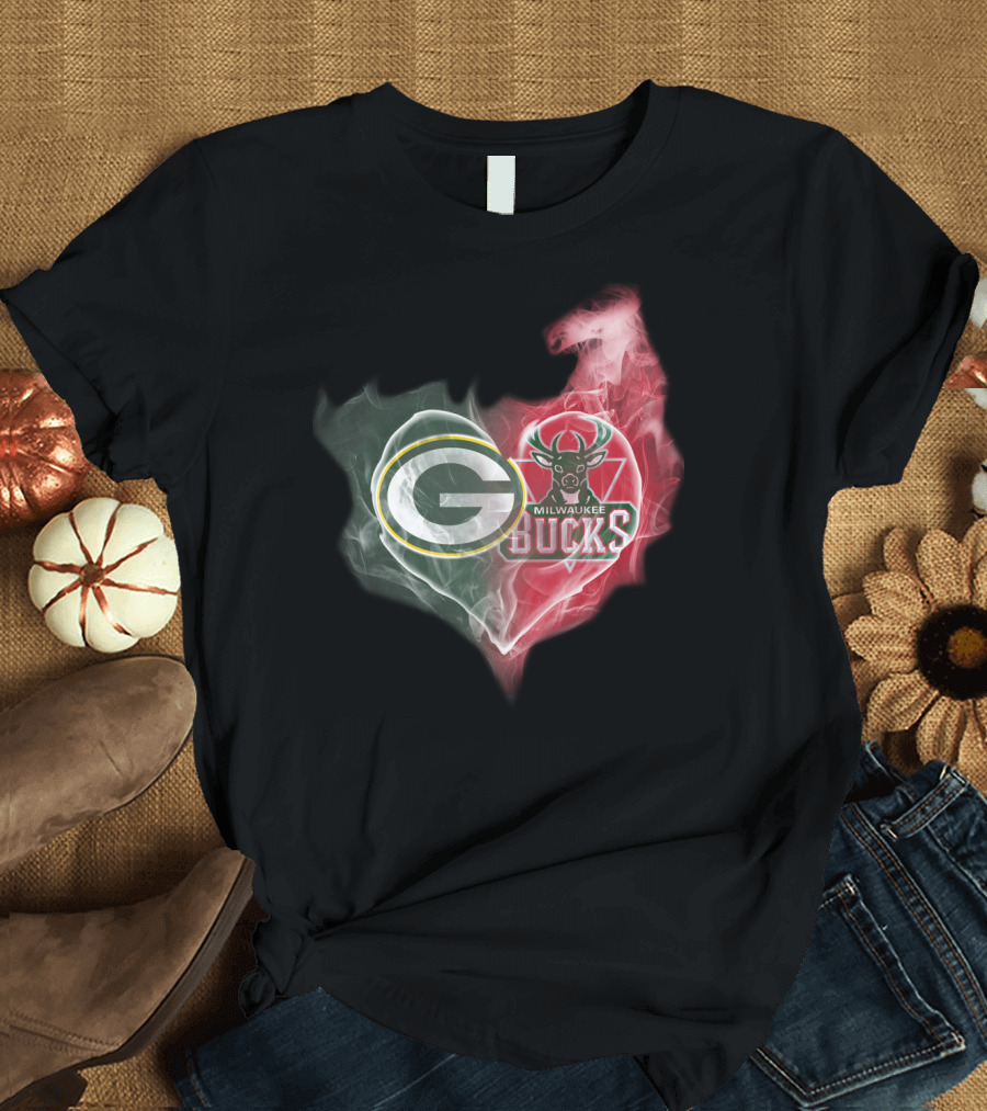 Green Bay Packers And Milwaukee Bucks Heart Fusion T-Shirt