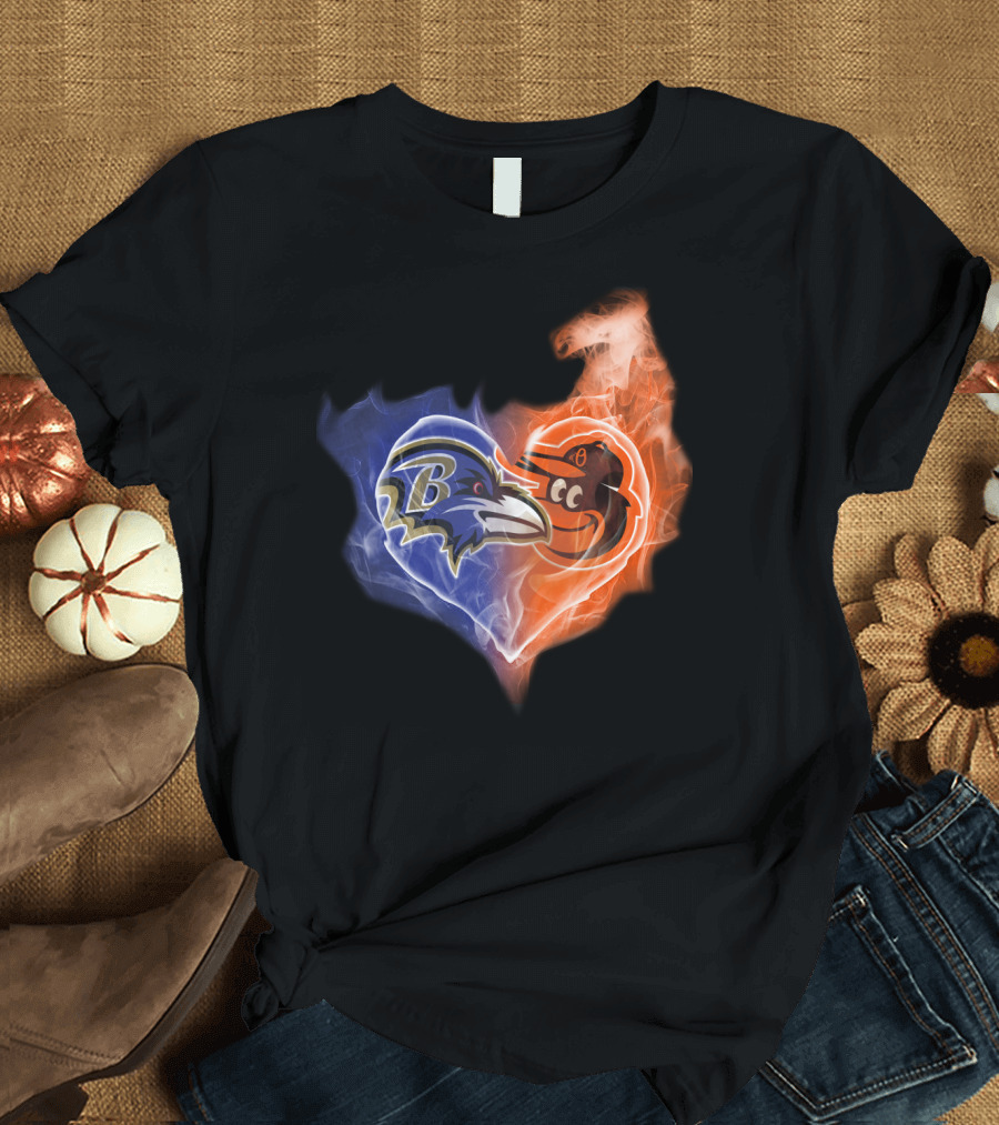 Baltimore Ravens Orioles Heart Flame T-Shirt
