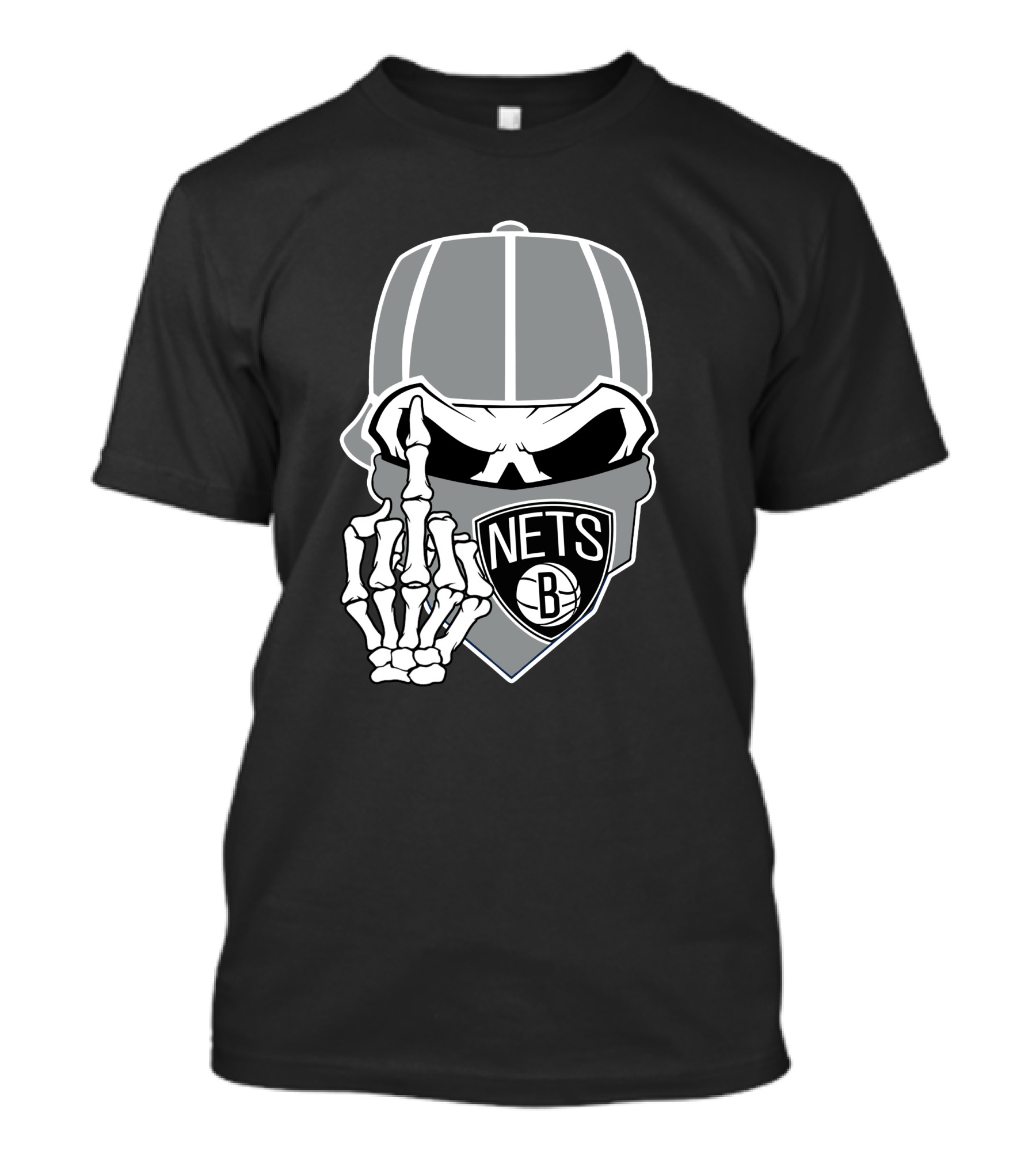Brooklyn Nets Skull Skeleton Hand Gesture T-Shirt