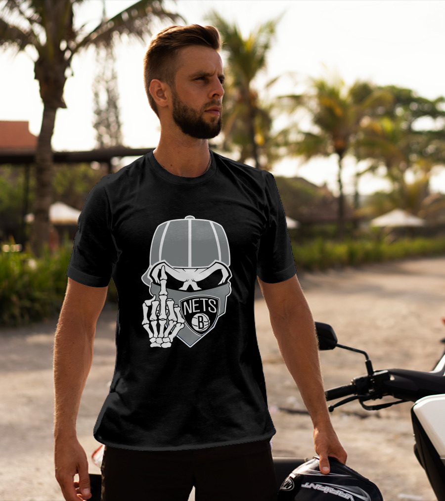 Brooklyn Nets Skull Skeleton Hand Gesture T-Shirt