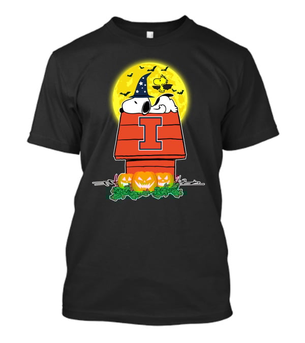 Illinois Fighting Illini Snoopy Woodstock Halloween Pumpkins Moon T-Shirt