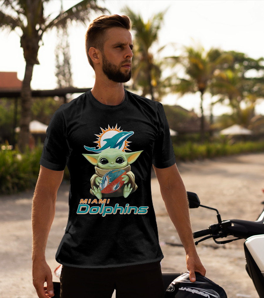 Miami Dolphins Baby Yoda Holding Football With Team T-Shirt
