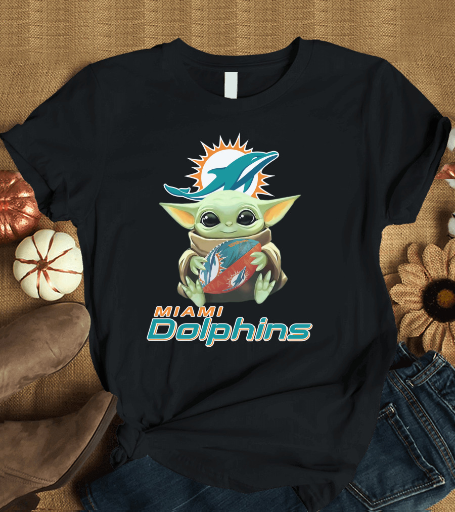 Miami Dolphins Baby Yoda Holding Football With Team T-Shirt