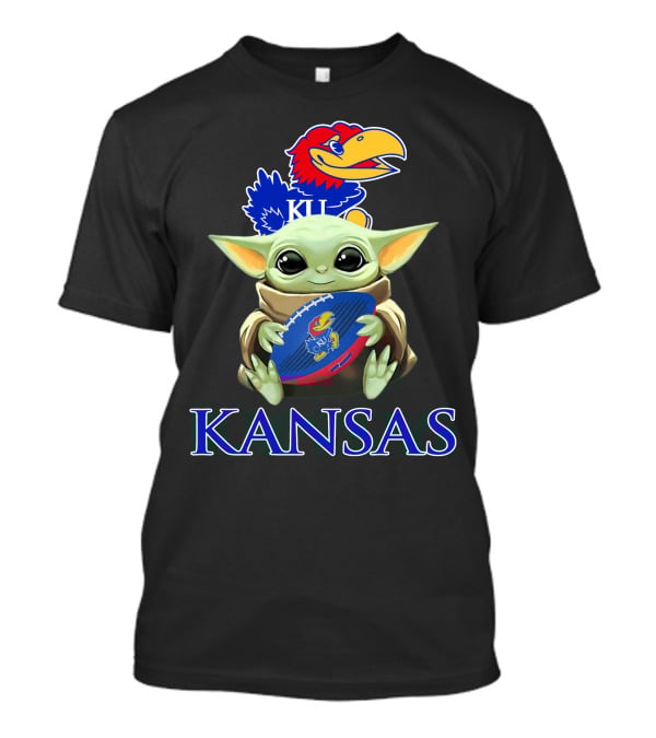 Kansas Jayhawks Baby Yoda Football Holding Ku T-Shirt
