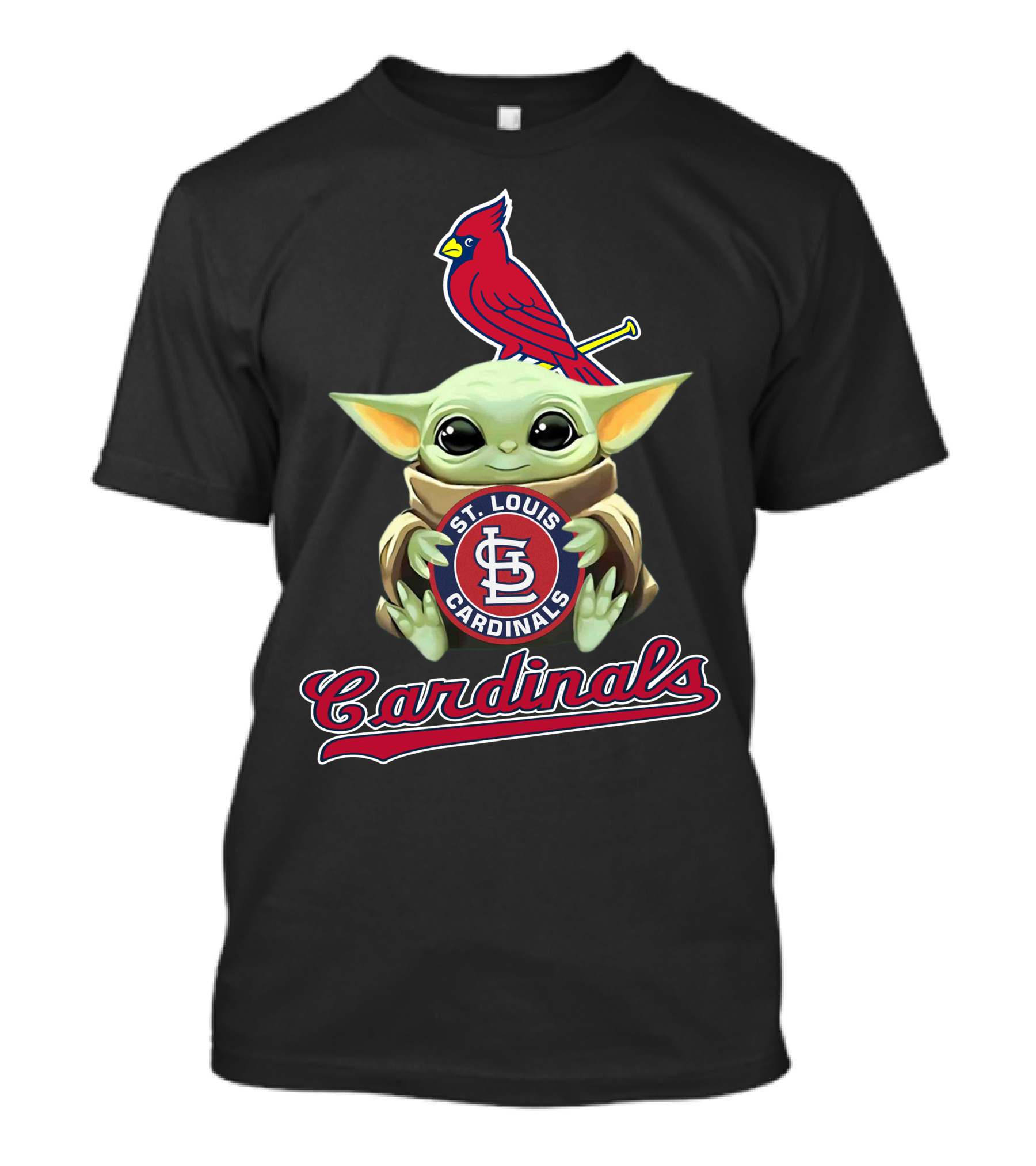 St. Louis Cardinals Baby Yoda Holding Logo With Cardinal Bird T-Shirt