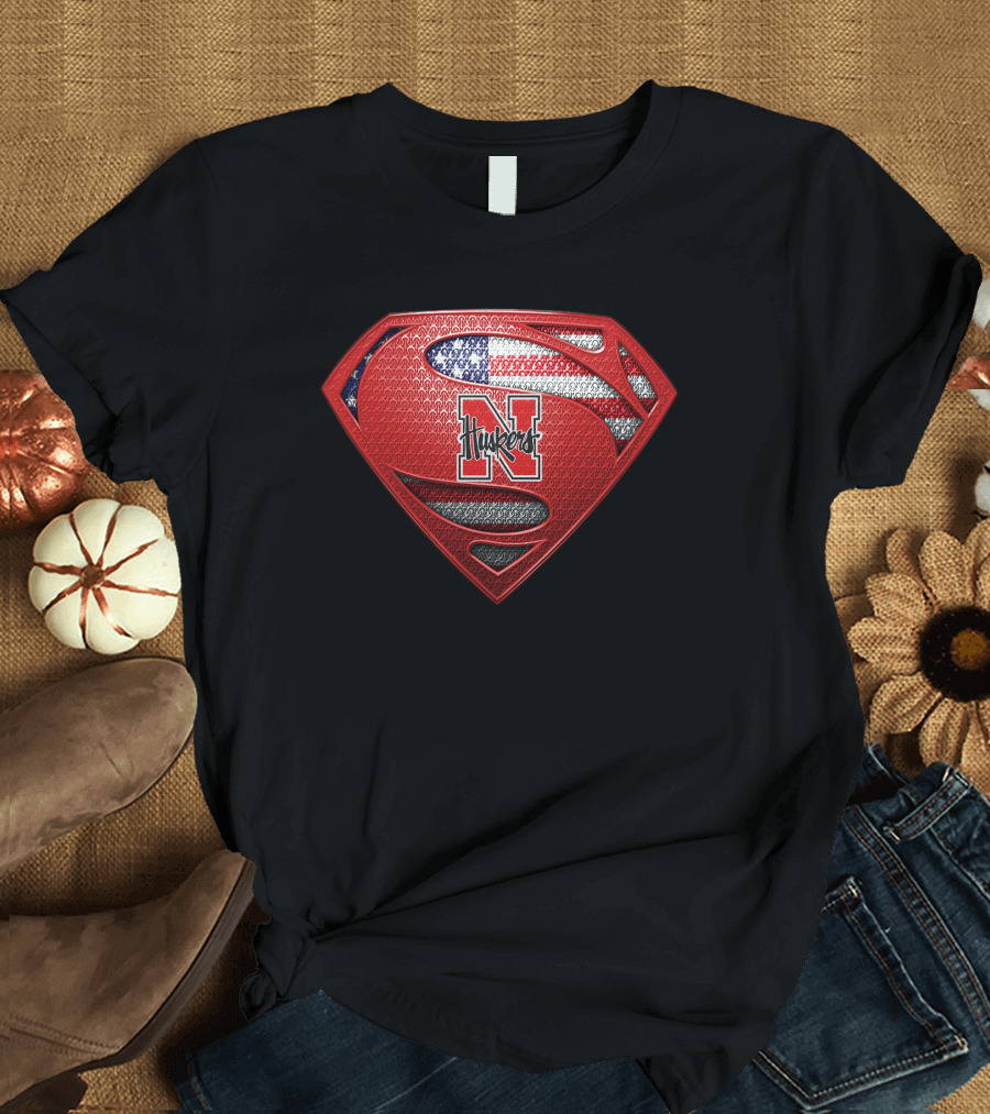 Nebraska Cornhuskers Superman Logo With American Flag T-Shirt