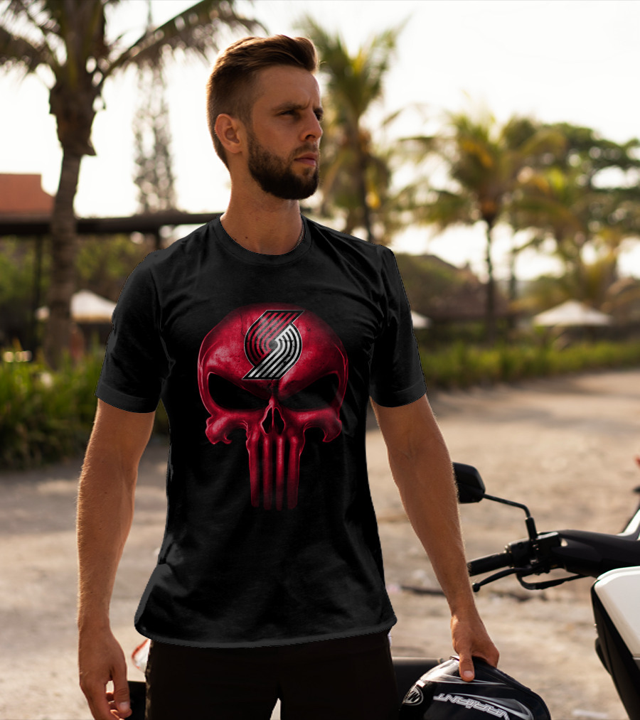 Portland Trail Blazers Skull Logo Punisher Style T-Shirt