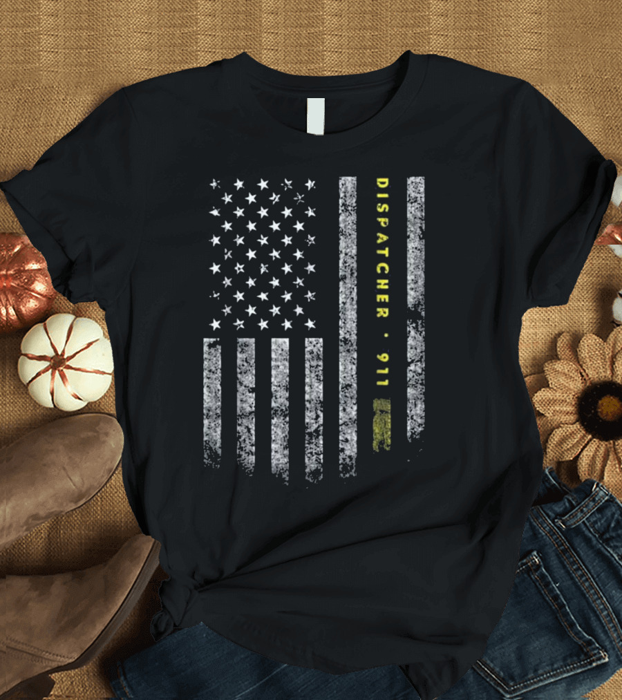 American Flag Dispatcher 911 Gold Line T-Shirt