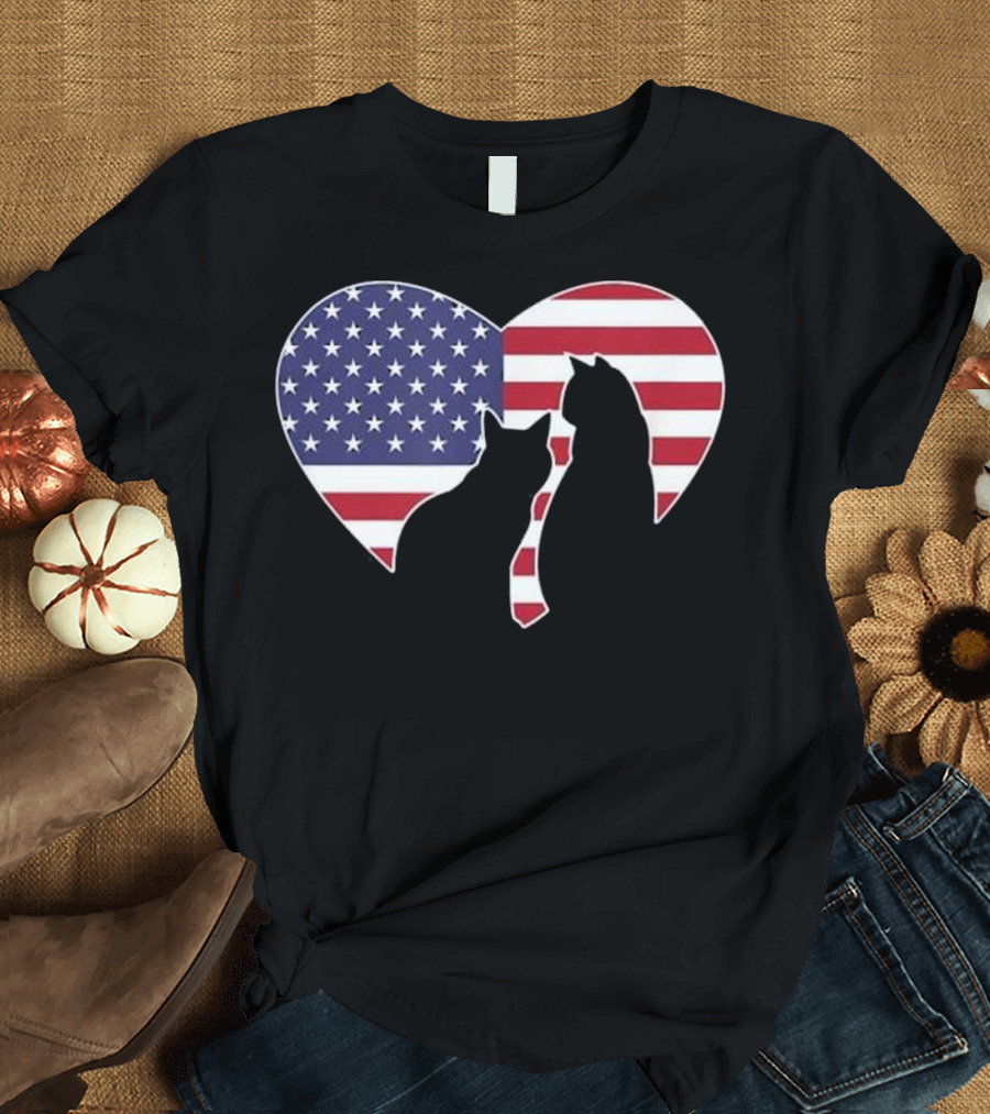 American Flag Cat Heart 4th Of July Patriotic T-Shirt