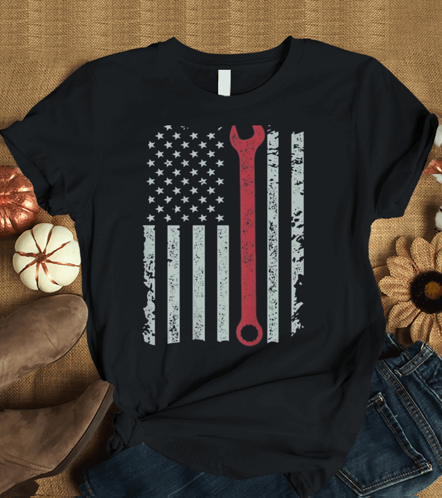 American Flag Mechanic Wrench Patriotic USA Pride T-Shirt