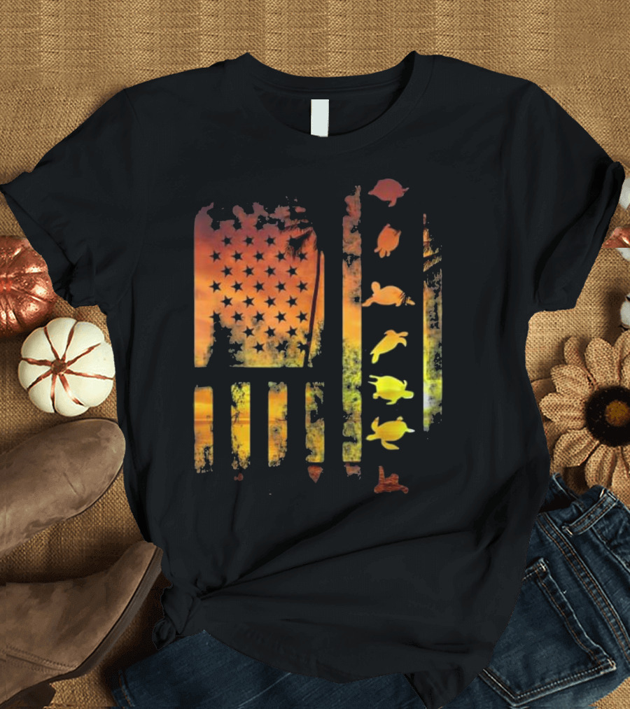 American Flag Sunset Sea Turtle T-Shirt