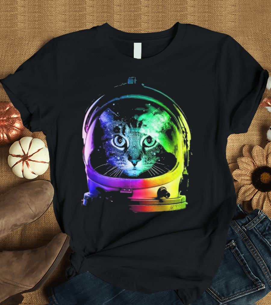 Space Cat in Astronaut Helmet with Cosmic Rainbow Colors T-Shirt