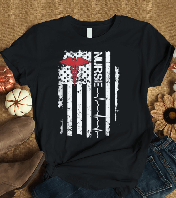 T-Shirt: Nurse Caduceus Heartbeat American Flag Stars Stripes T-Shirt Nurse Caduceus Heartbeat American Flag Stars Stripes T-Shirt
