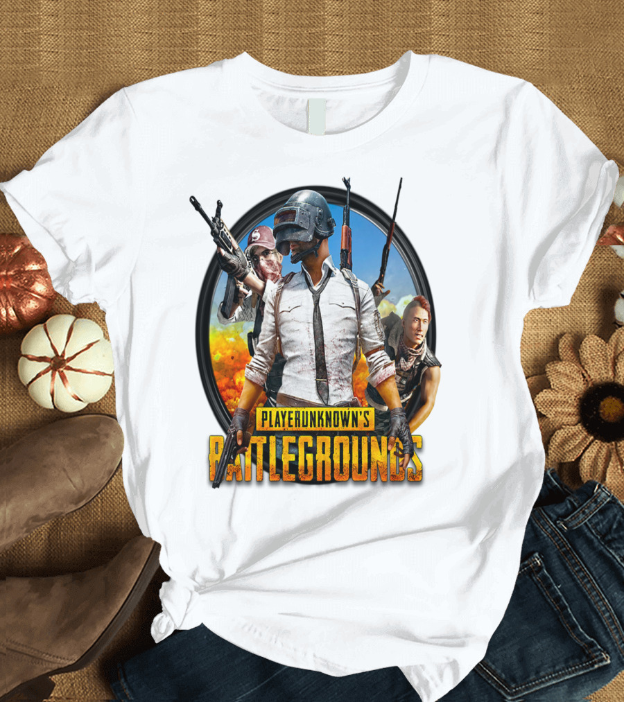 PlayerUnknown's Battlegrounds Trio Helmet and Weapons Explosive Background T-Shirt