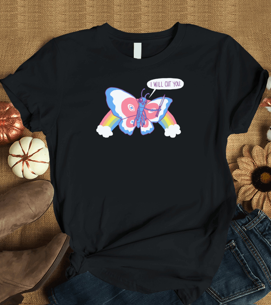 Butterfly Knife I Will Cut You Rainbow Clouds T-Shirt